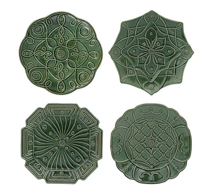 Set of four stoneware ceramic dessert plates with a basil leaf pattern in green and white.
