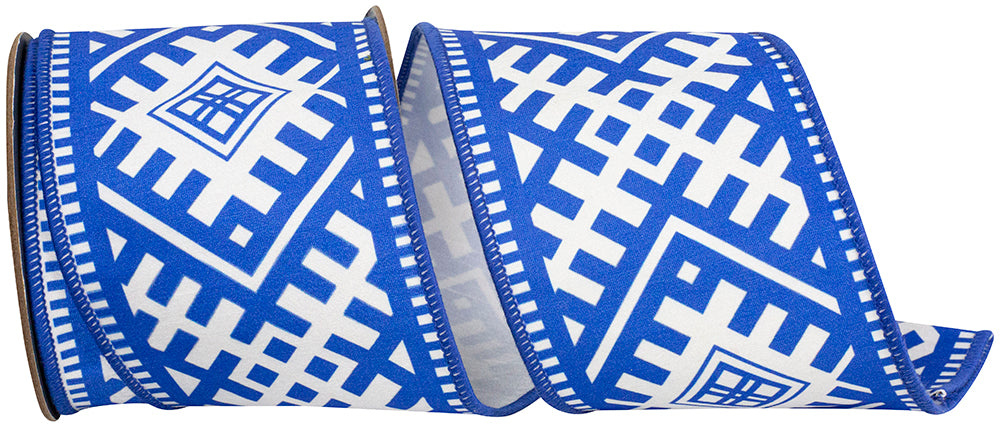 4 inch royal blue and white majestic geometric chinoiserie deluxe wired edge ribbon.