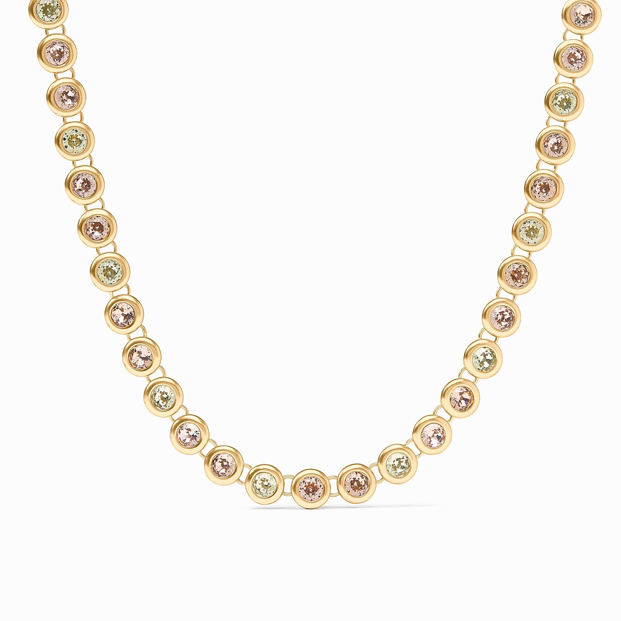 Adjustable rainbow tennis necklace with vibrant imported glass stones on a 24K gold plate chain.