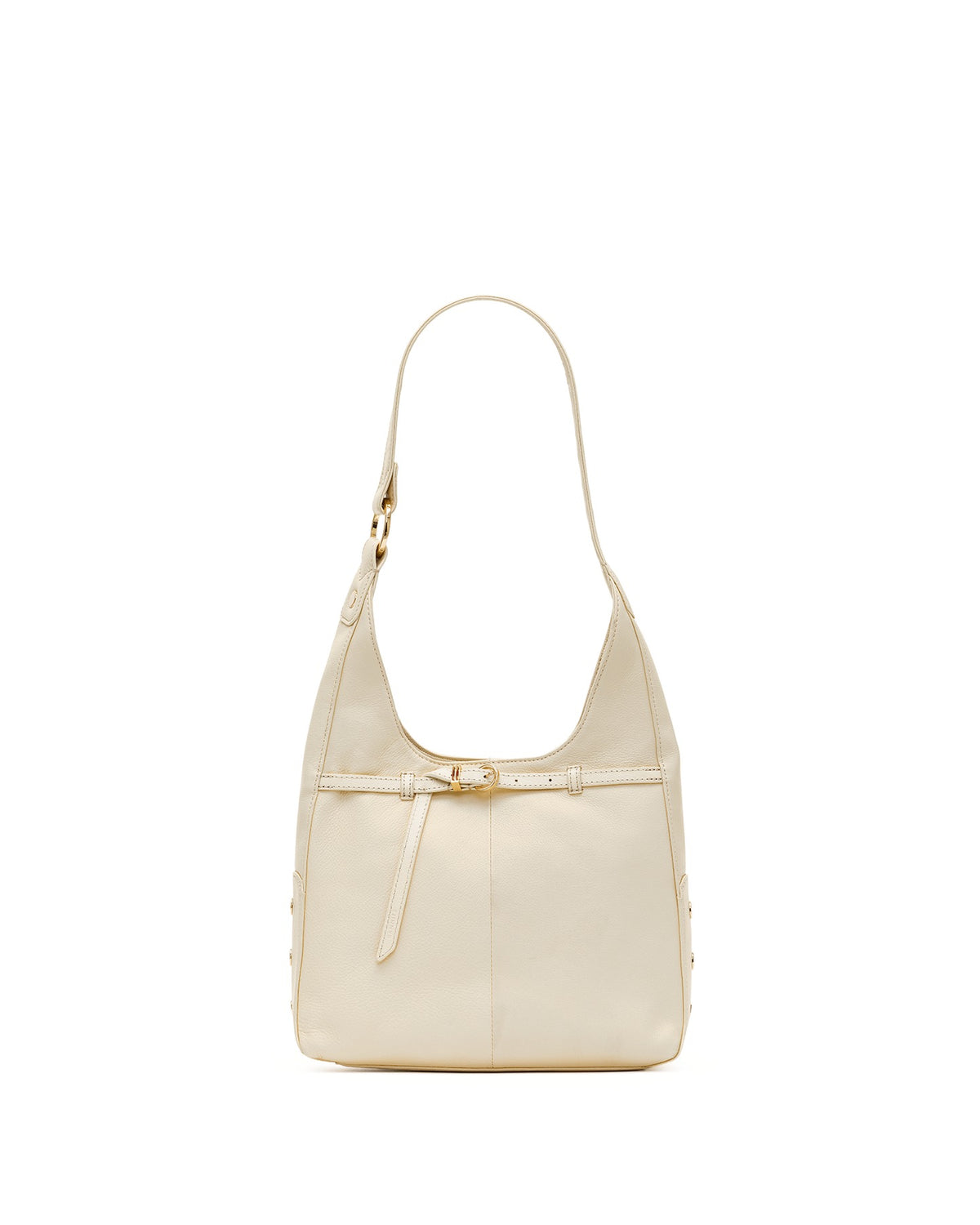 Parchment leather hobo bag with a decorative gold O-ring belt and adjustable shoulder strap.