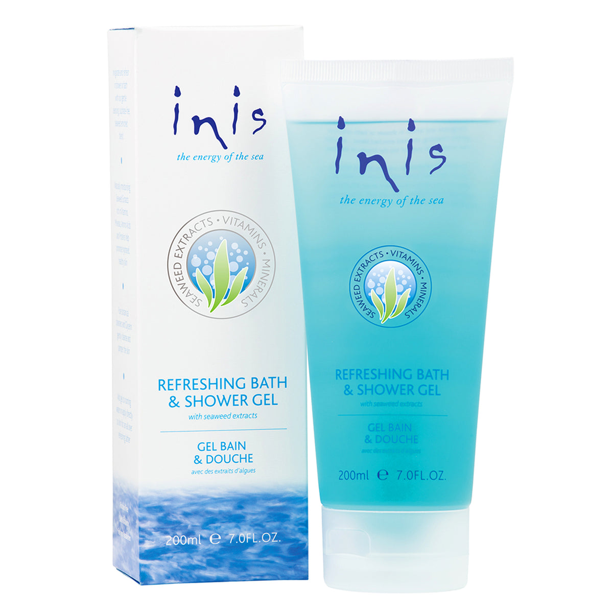 Inis Refreshing Bath & Shower Gel in a clear bottle with white cap against a neutral background.