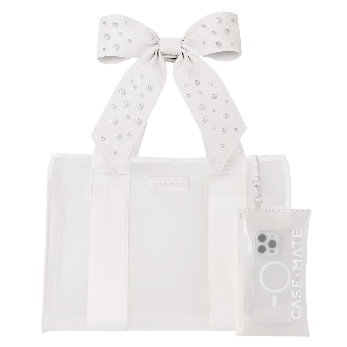 White Jelly Bow Tote with a large pearl-studded bow and a matching clear phone pouch.