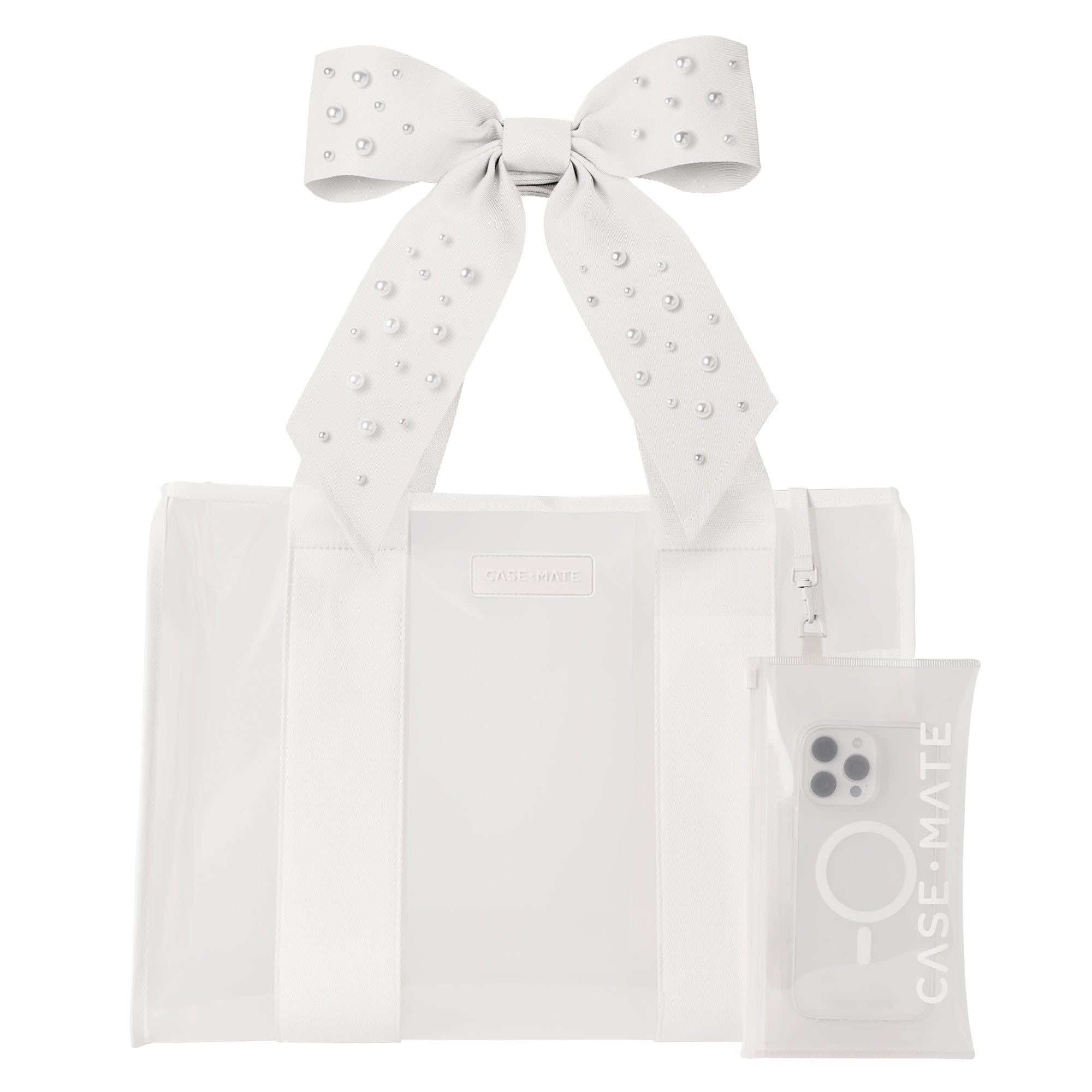 White Jelly Bow Tote with a large pearl-studded bow and a matching clear phone pouch.