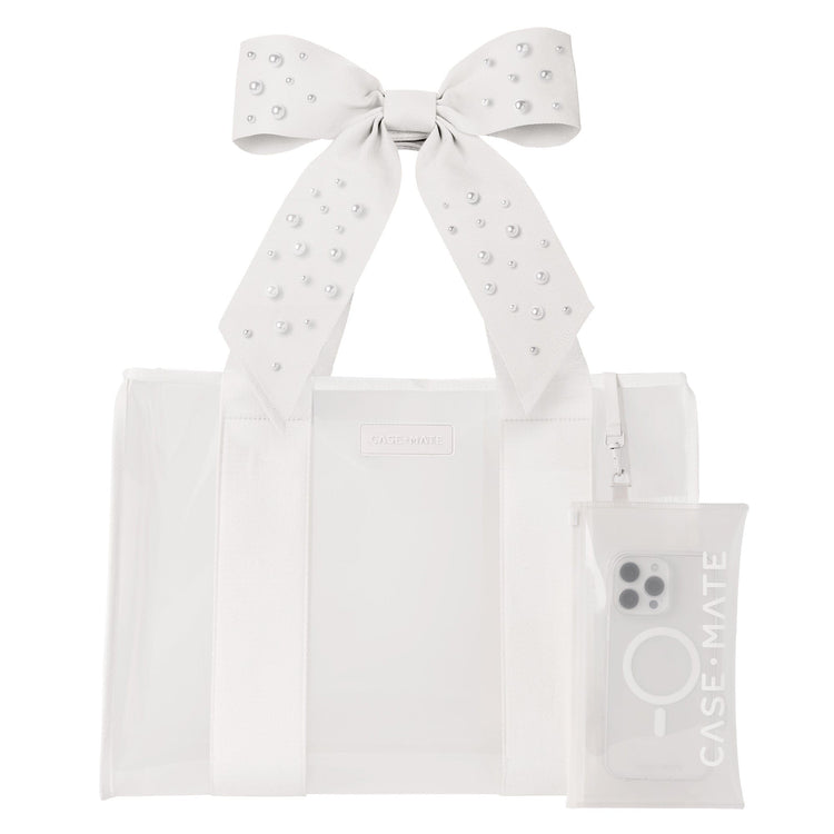 White Jelly Bow Tote with a large pearl-studded bow and a matching clear phone pouch.