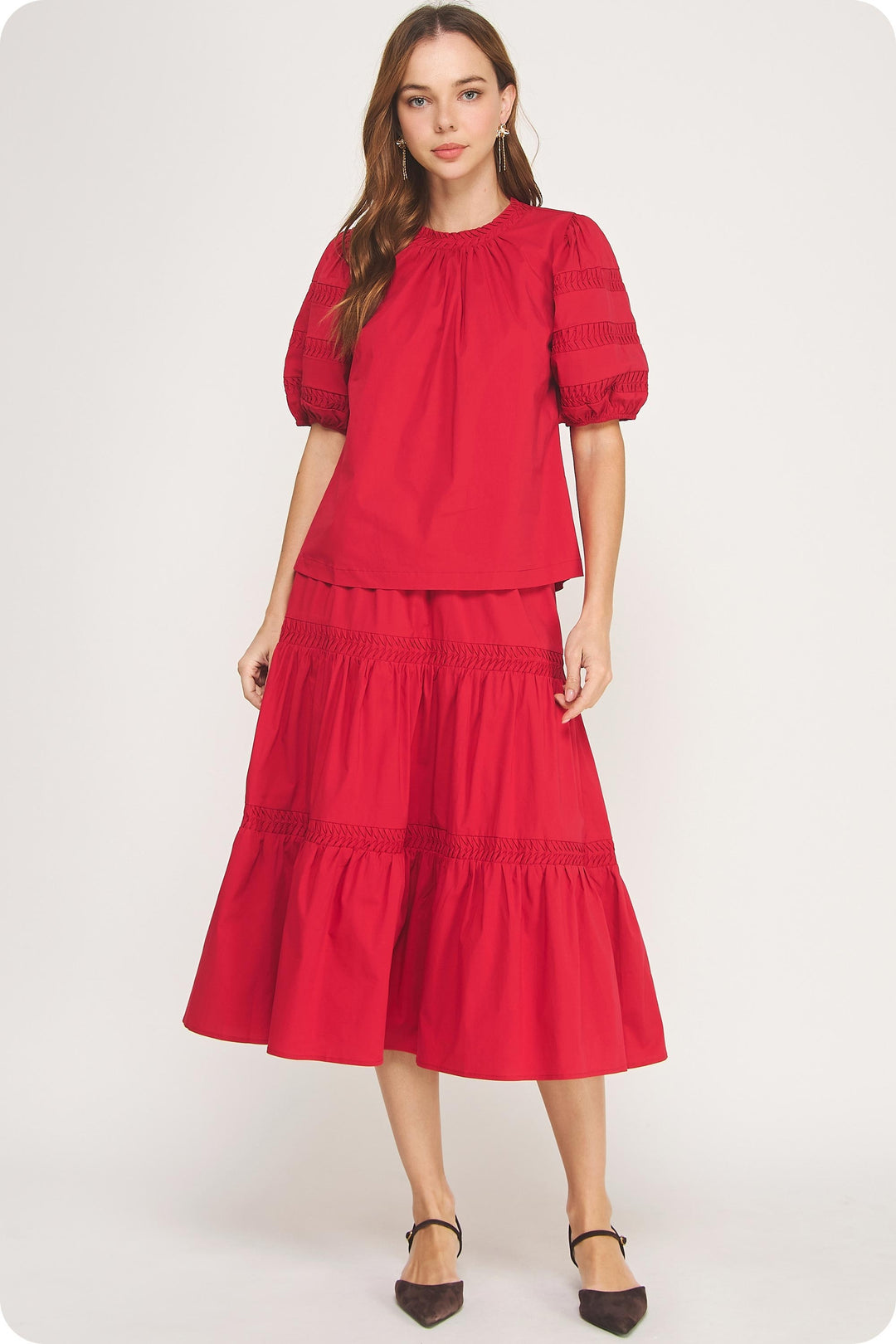 Madeline Reverse Pintuck Tiered Midi Skirt
