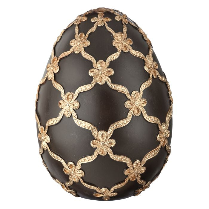 9-inch resin egg with gilded lattice pattern in a vertical oval silhouette