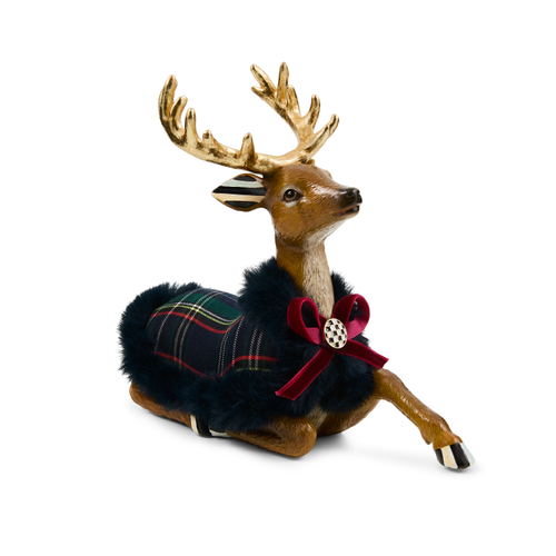 Timeless Tartan Resting Deer figurine with gold antlers, a plaid coat, and a red velvet bow.