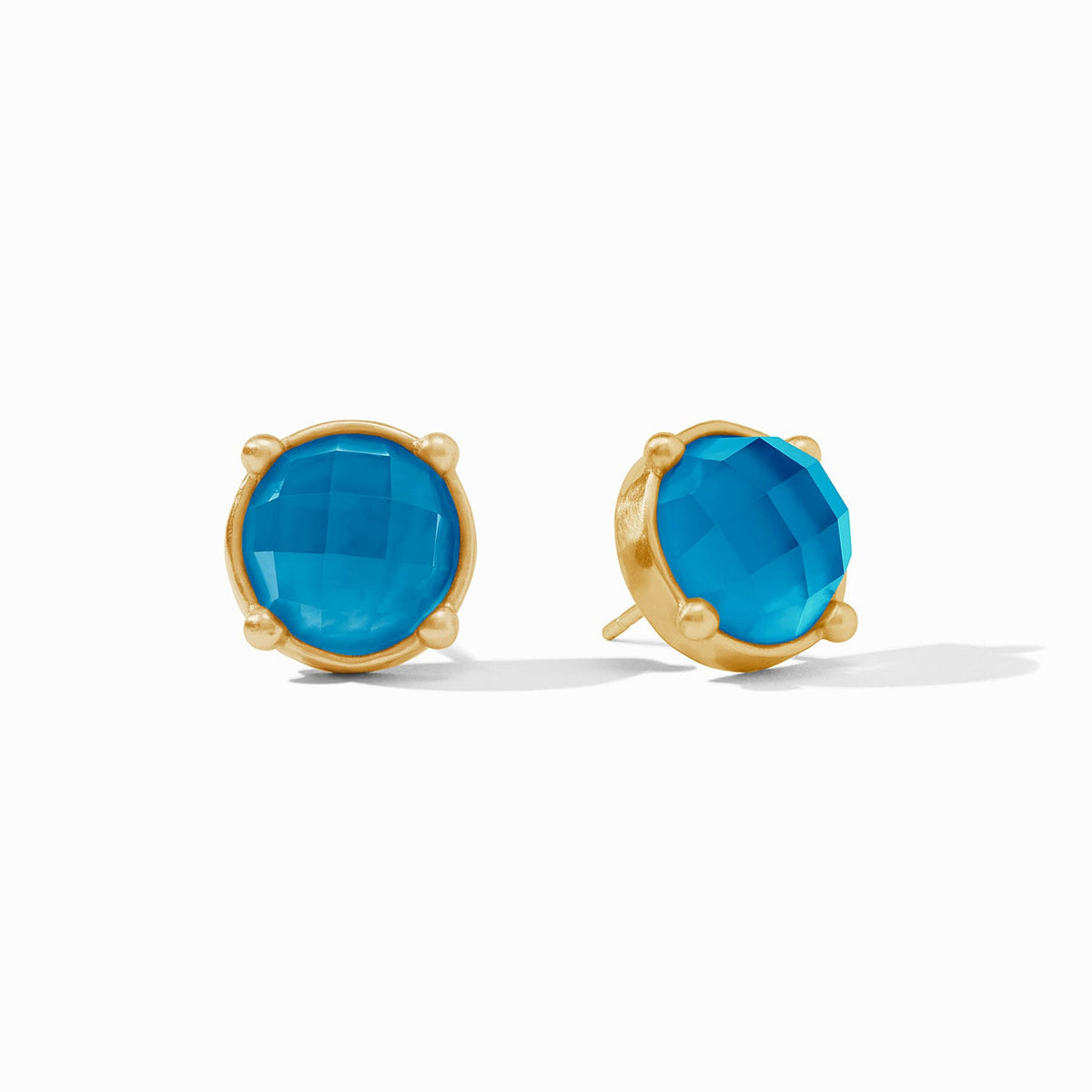 Gold honey-stud earring with rose-cut glass gemstone in hammered bezel setting