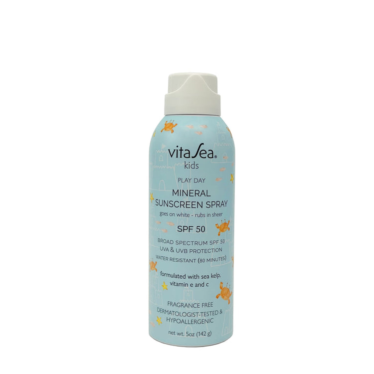 VitaSea Kids Play Day Mineral Sunscreen Spray SPF 50, 5oz bottle with sea life illustrations.