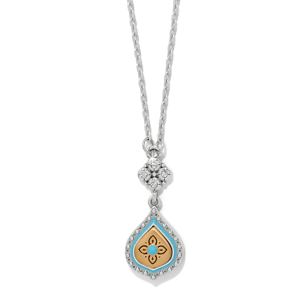 Silver two-tone teardrop necklace with fine quality crystals and enamel finish on an adjustable chain.