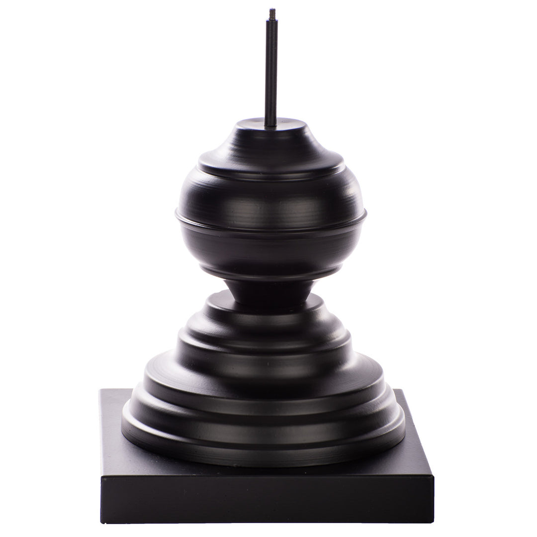 Short round black metal finial holder with a smooth cylindrical body.