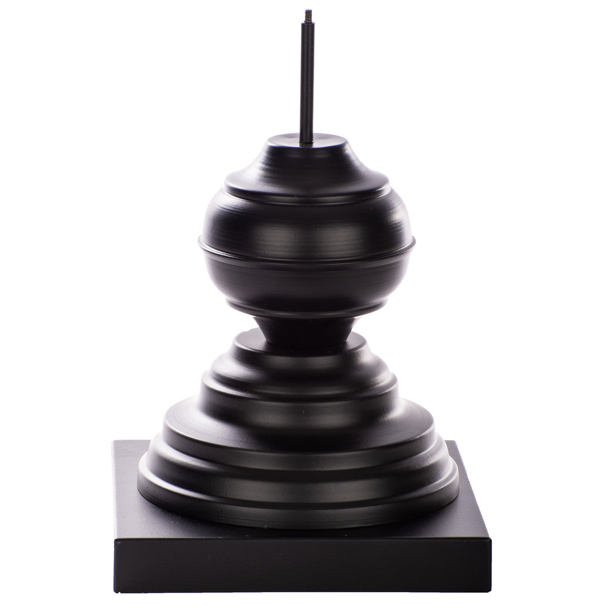 Short round black metal finial holder with a smooth cylindrical body.