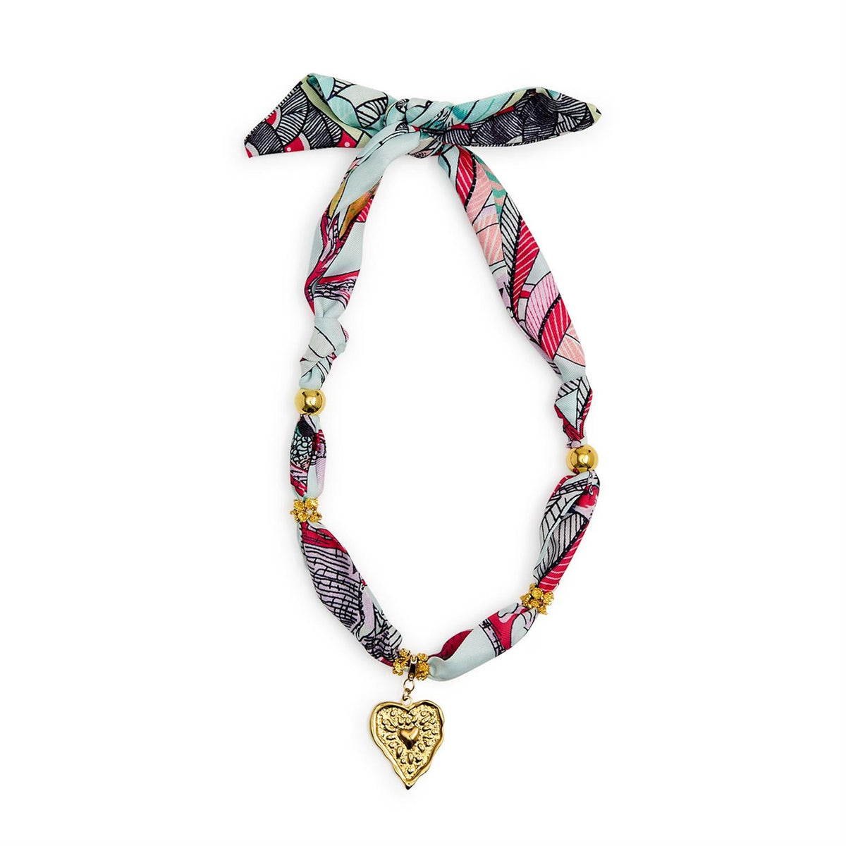 Adjustable scarf necklace with a tied knot design in neutral tones.