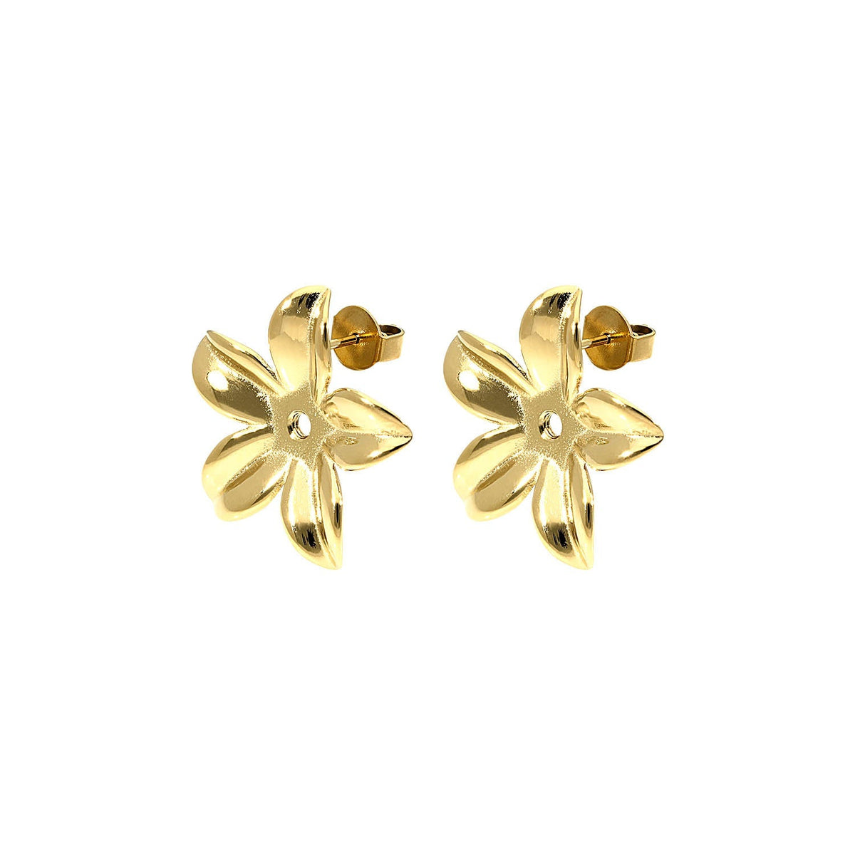 Gold stud earring featuring a 25mm flower topper with interchangeable settings.