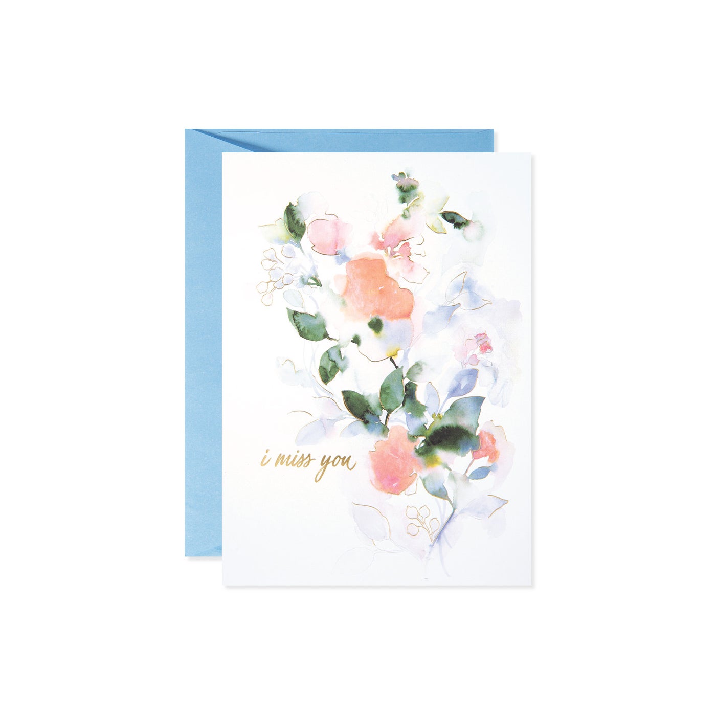 A watercolor greeting card with pink and blue flowers and the text 'i miss you' in gold script.