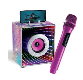 Pop Star Karaoke Infinity Lights Speaker with a purple wireless microphone and a phone on top.