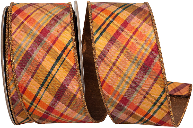 Tierra Tonal Diagonal Plaid Fused Metallic Backed Wired Edge Ribbon in orange, red, and gold.