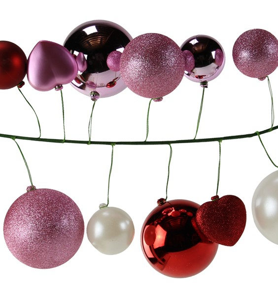 6-foot Valentine's Day garland with red heart-shaped ornaments woven through green pine branches.
