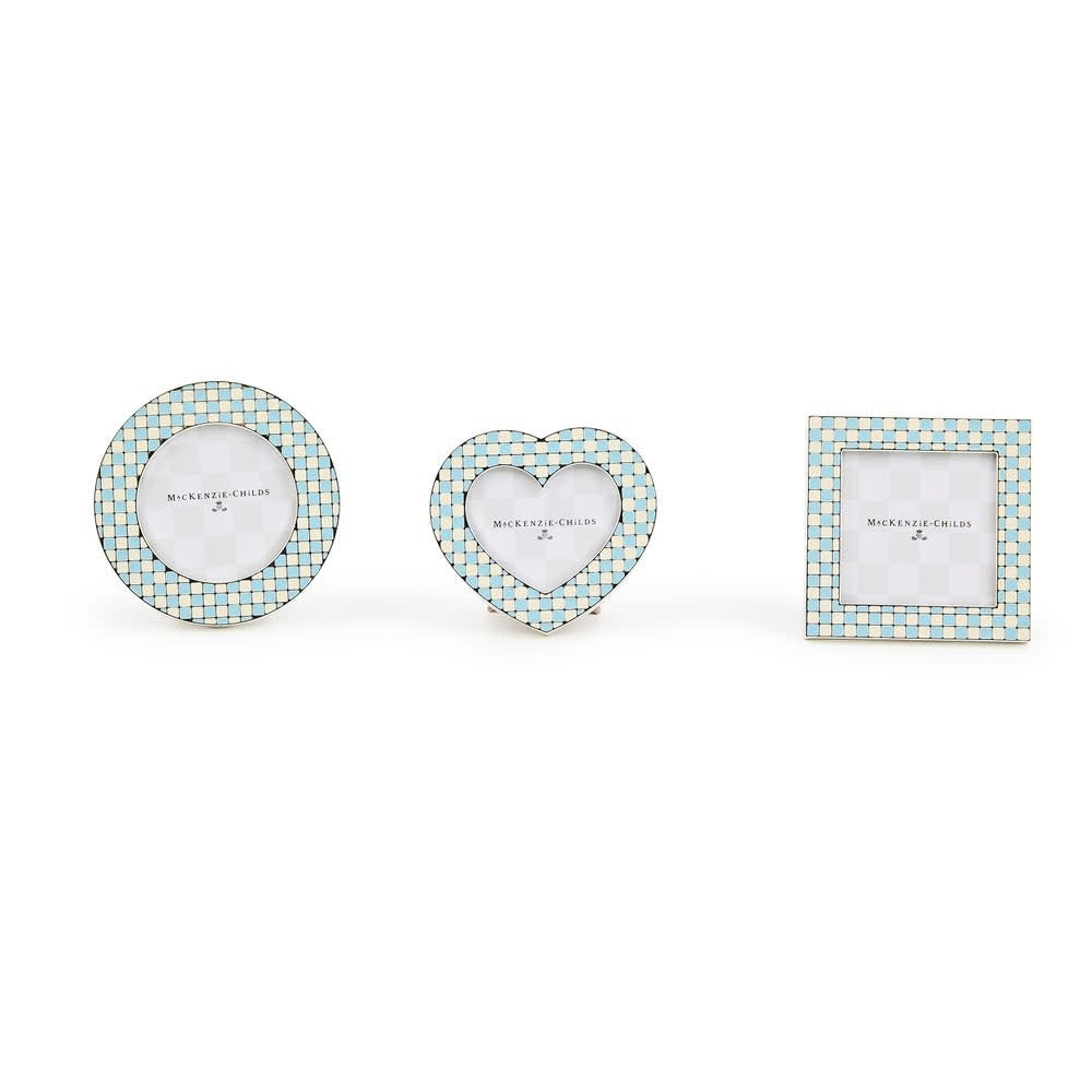 Set of three silver-plated frames in baby blue enamel checks with ivory accents; heart, circle, and square shapes.