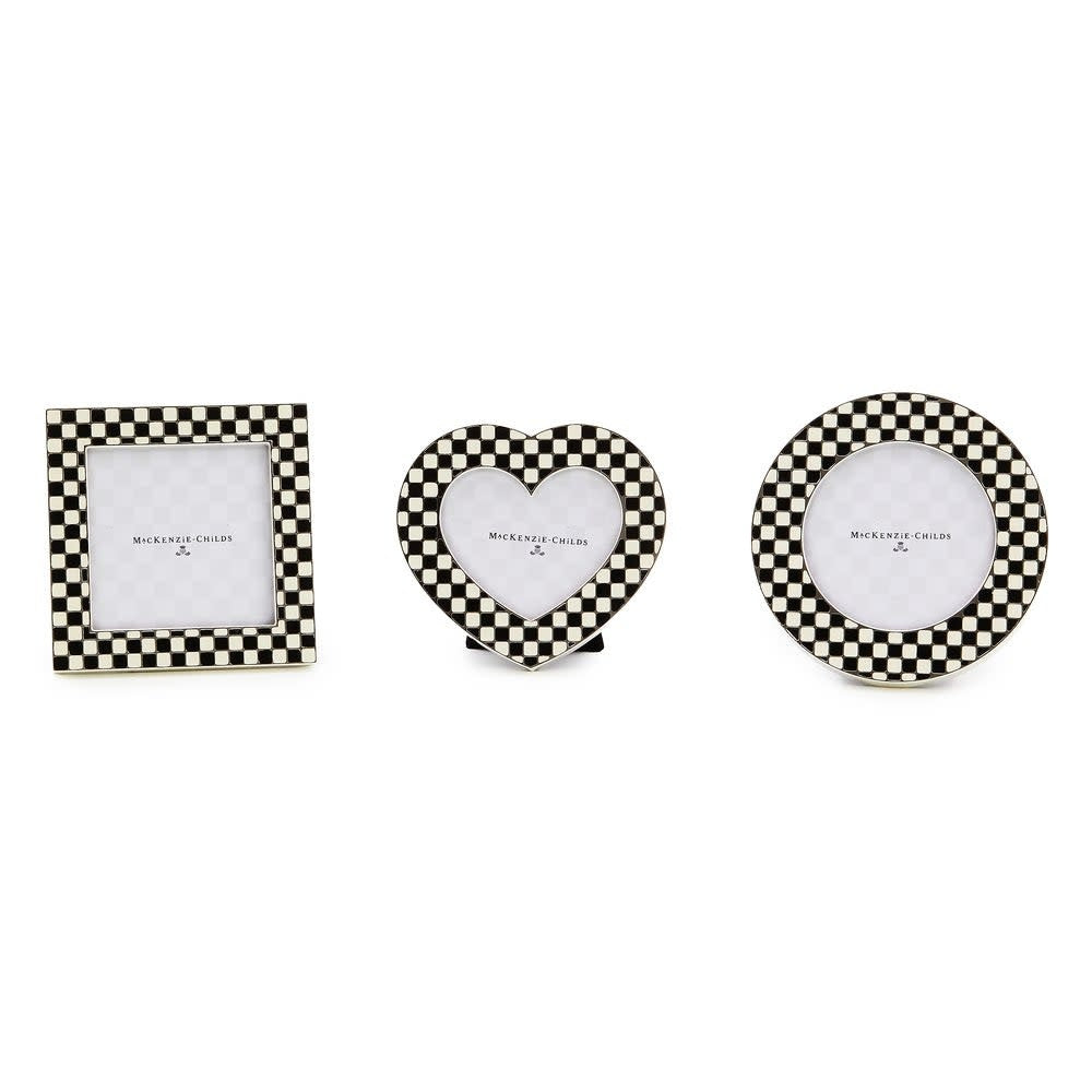 Set of three Courtly Frames in silver with velvet backing; heart, circle, and square shapes.