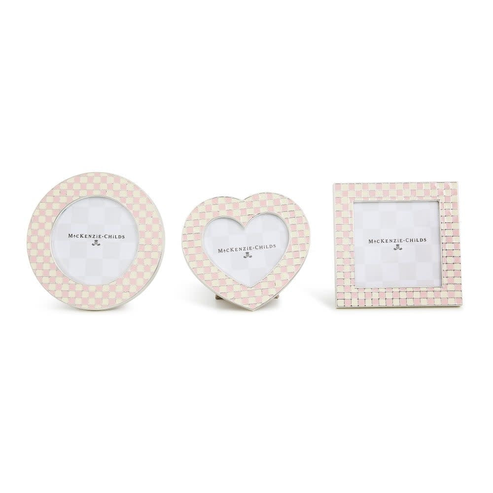 Set of three silver-plated frames with blush enamel checks in heart, circle, and square shapes.