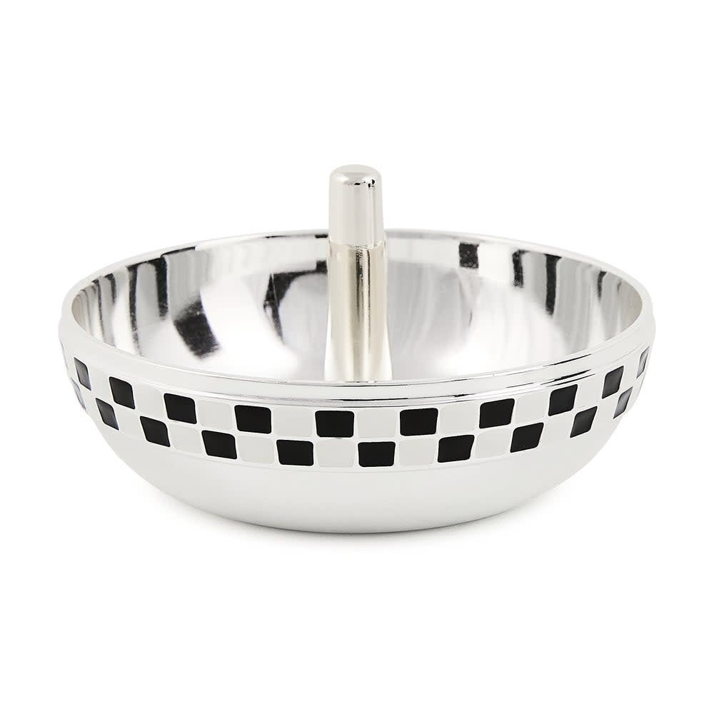 Silver plated trinket dish with black and white enamel check pattern on a ring stand