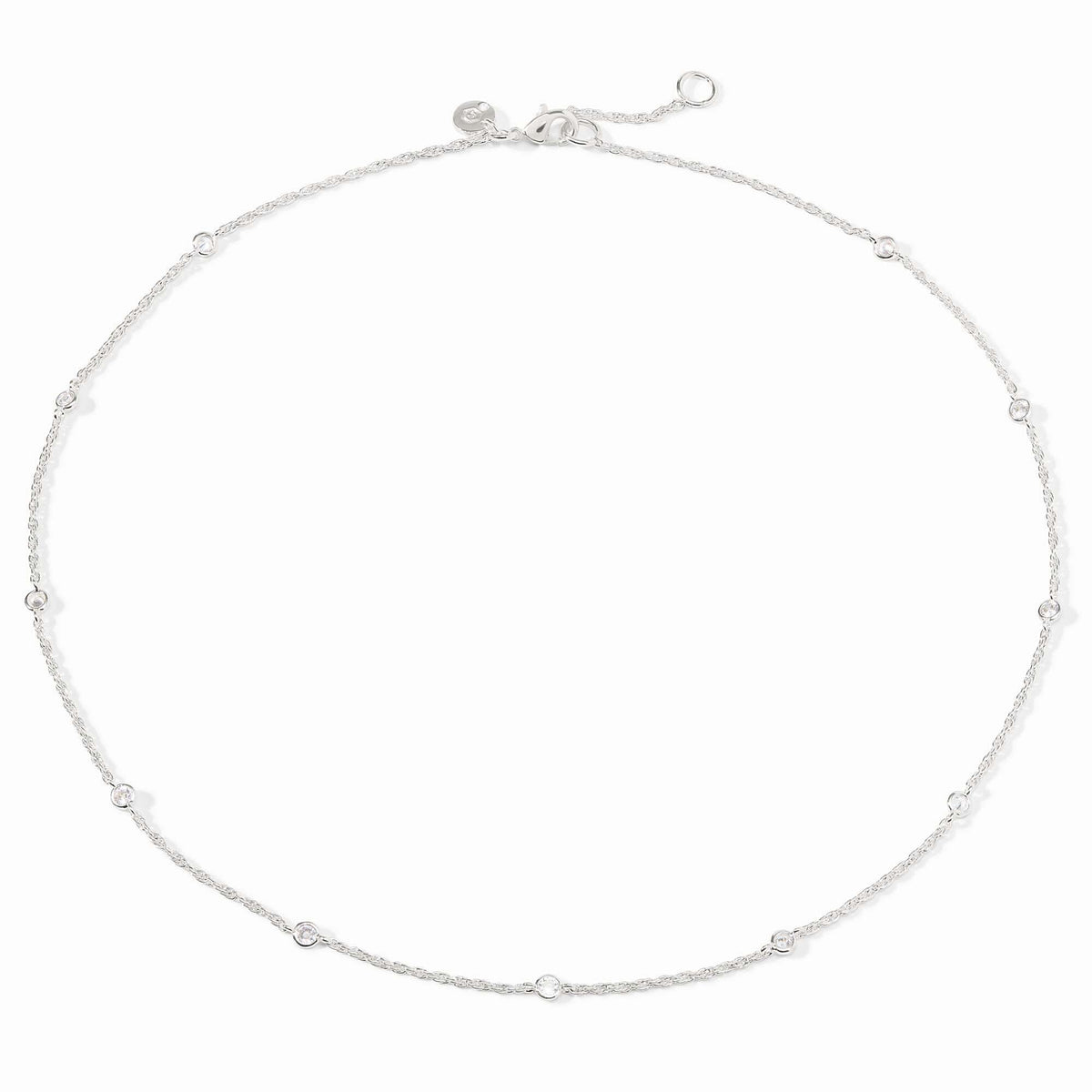 Silver station necklace with delicate cubic zirconia accents on a chain.