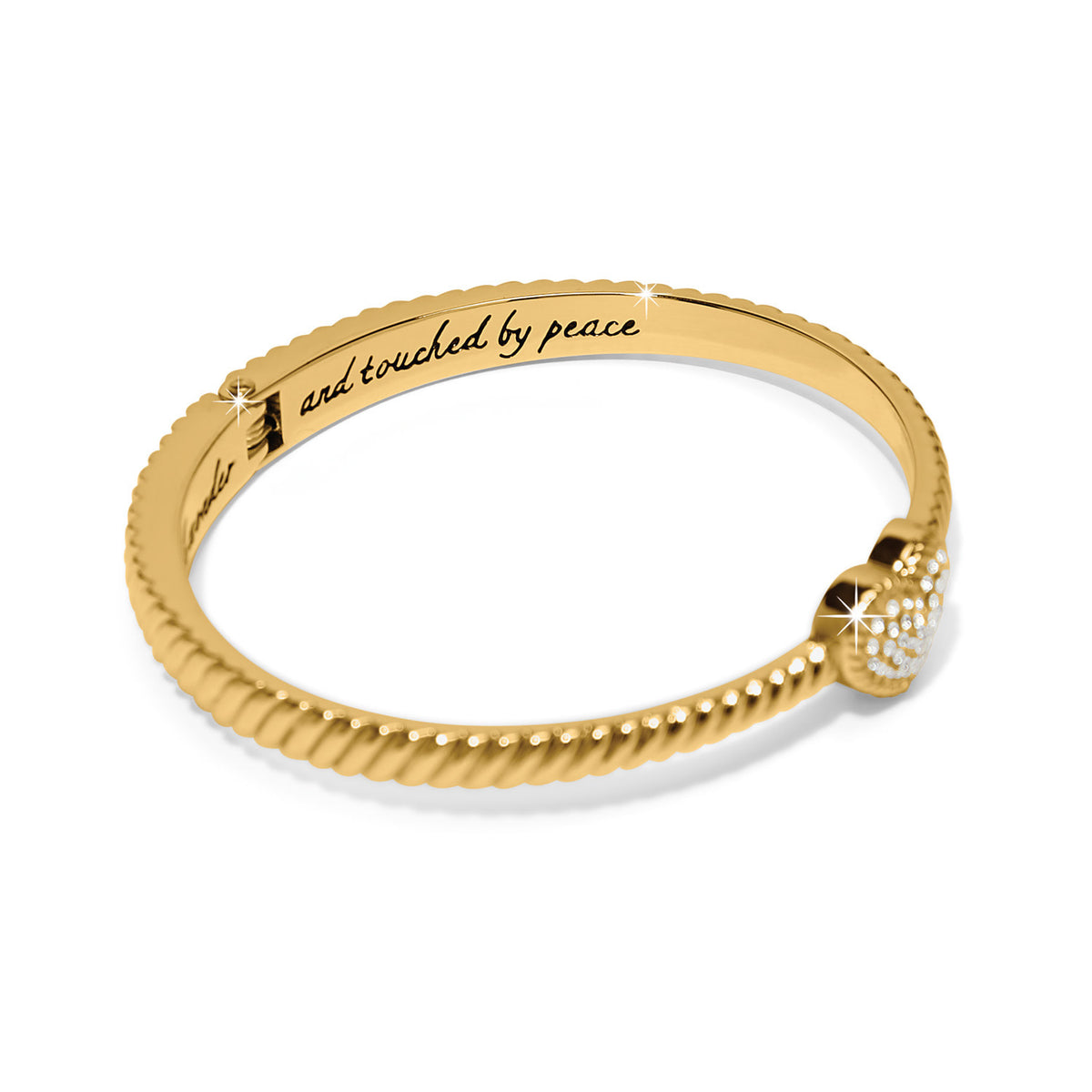 Gold plated hinged bangle bracelet with etched message 'Be filled with wonder and touched by peace' and a heart crystal.