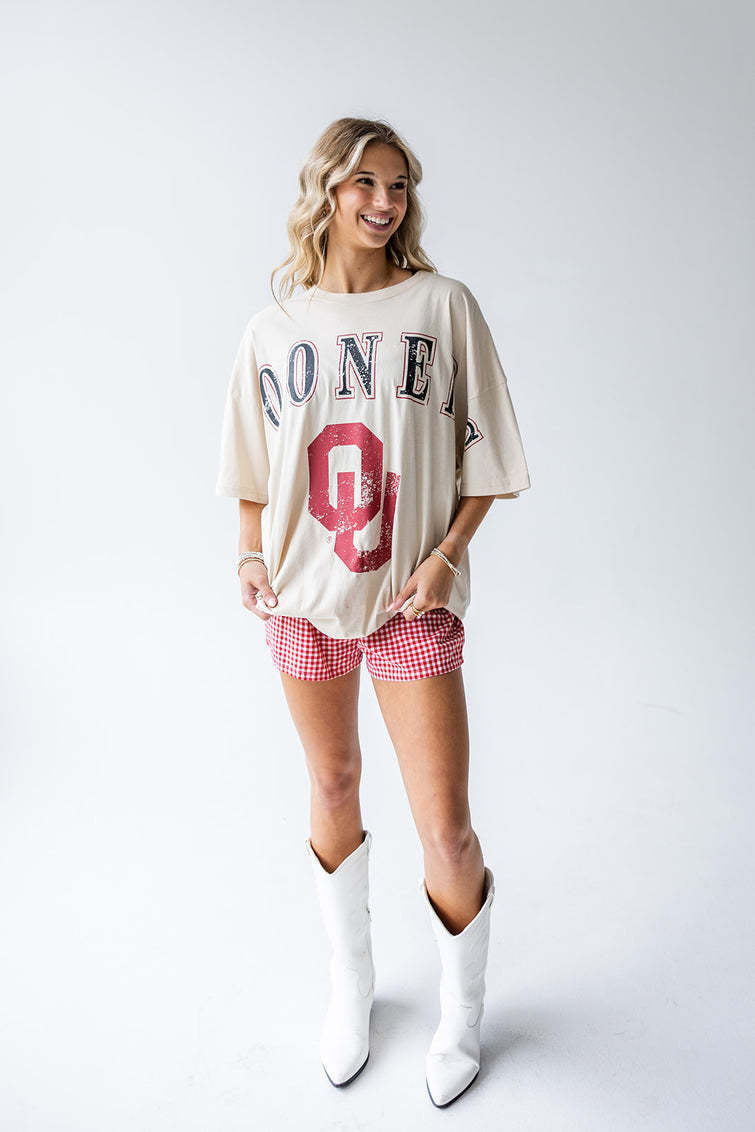 Oversized Celine Oklahoma Southern split neck band tee in white cotton with screen print graphic.