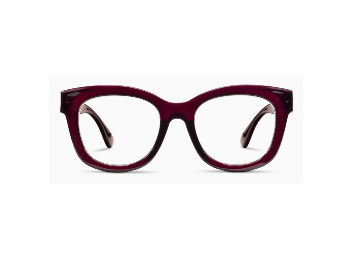 Dark cherry oversized eyeglasses with round frames, spring hinges, and a wide bridge.