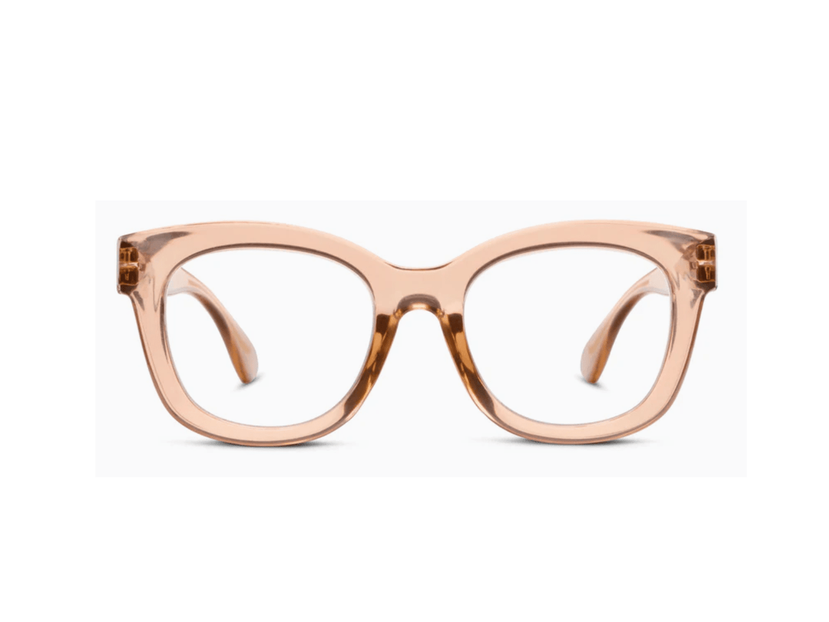 Tan oversized eyeglasses with round frames, spring hinges, and a wide silhouette.
