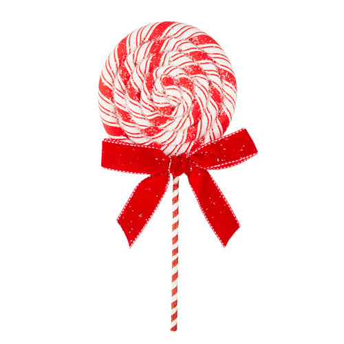 Red and white polyester candy cane lollipop with a central ribbon bow