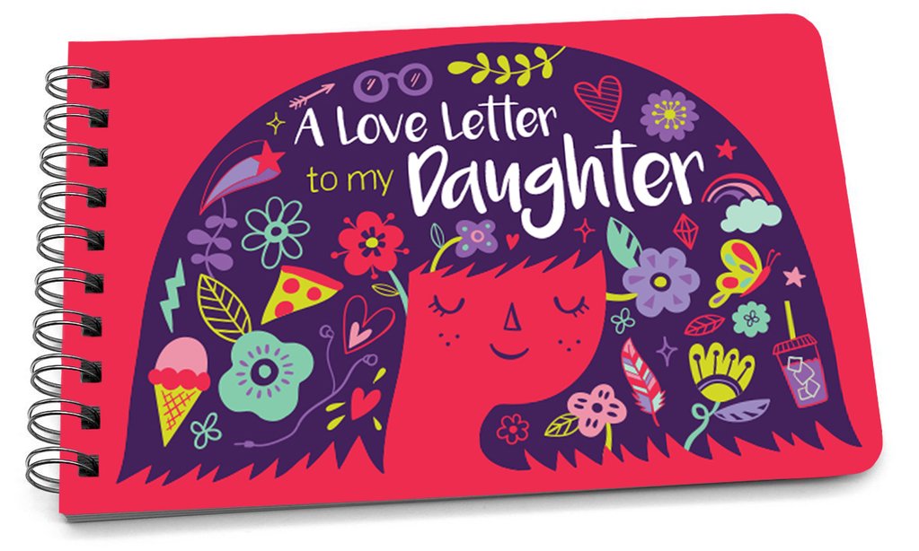 Spiral-bound handbook with a red cover featuring a purple design with the text "A Love Letter to my Daughter" and colorful illustrations.