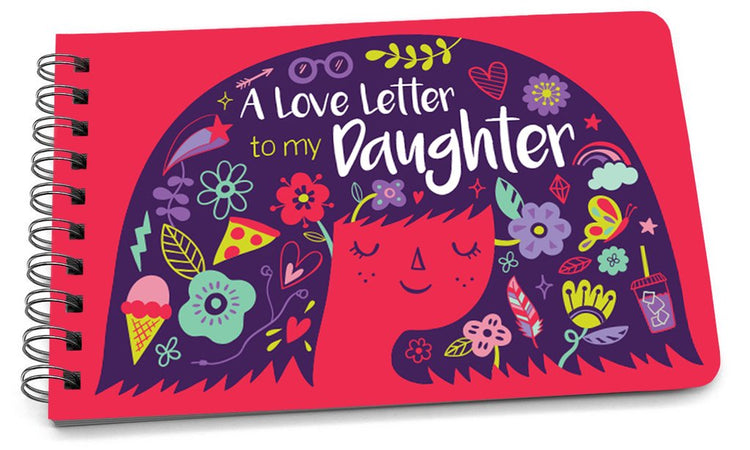 Spiral-bound handbook with a red cover featuring a purple design with the text "A Love Letter to my Daughter" and colorful illustrations.