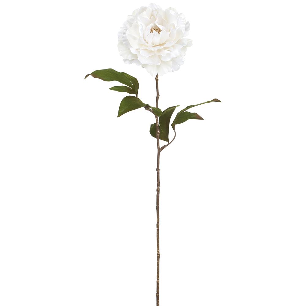 26-inch white shimmer velvet peony spray with a long brown stem and green leaves.