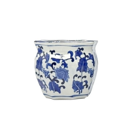 Blue and white ceramic planter pot with hand-painted Chinoiserie fluting pattern