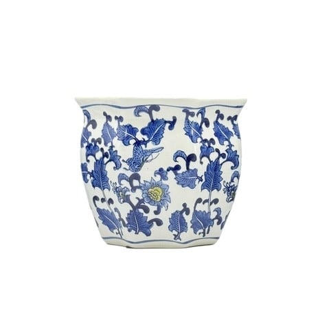 Blue and white ceramic planter with yellow accent featuring hand-painted Chinoiserie fluting
