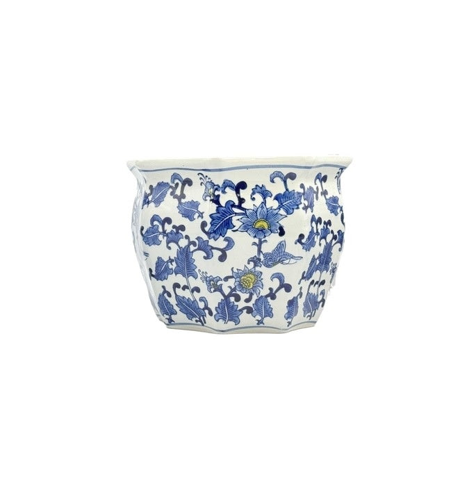 Blue ceramic planter with yellow accents featuring intricate fluting and chinoiserie-inspired hand-painted design.