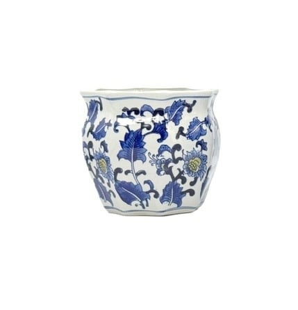 Blue ceramic planter with yellow accents featuring hand-painted Chinoiserie patterns and fluted silhouette.
