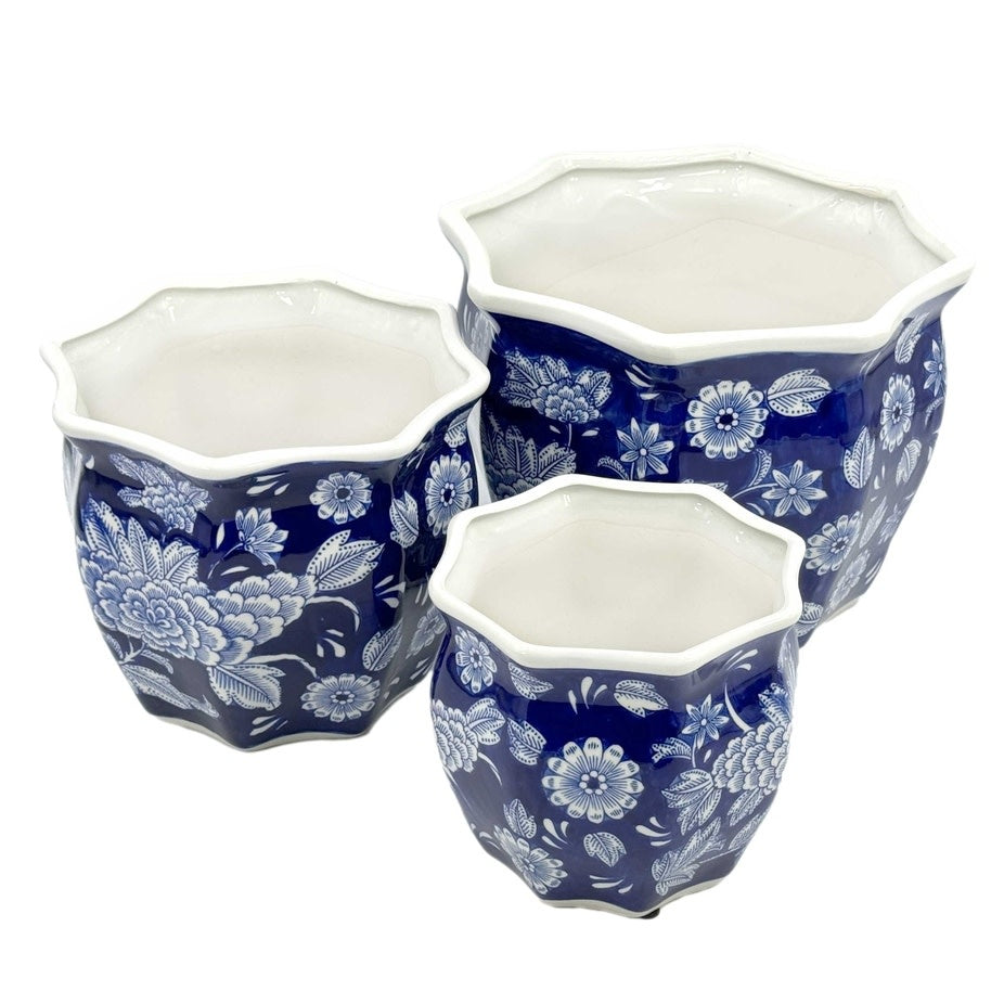Ceramic Chinoiserie Planter Pot Dark Blue & White - Sold Individually