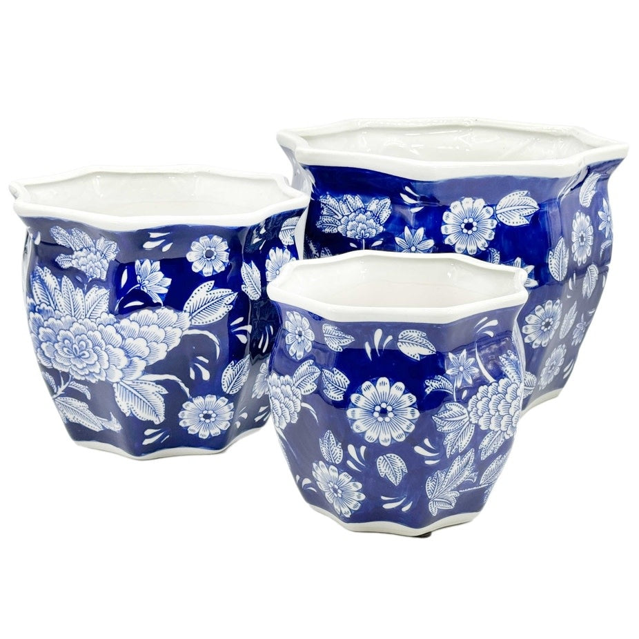 Ceramic Chinoiserie Planter Pot Dark Blue & White - Sold Individually