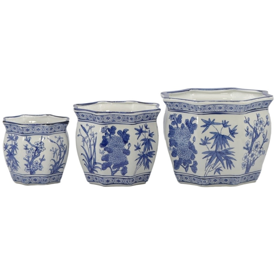 White ceramic planter pot with blue Chinoiserie fluting pattern