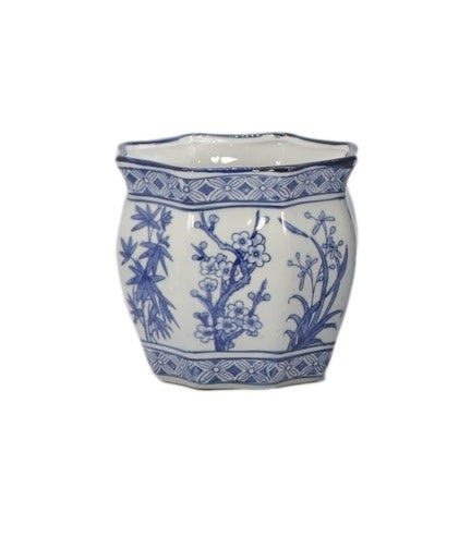 White ceramic planter pot with blue Chinoiserie fluting pattern