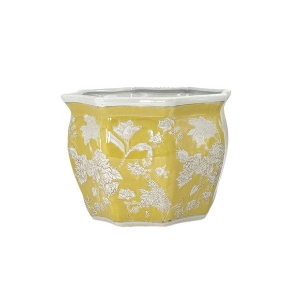 Yellow ceramic planter pot with white chinoiserie fluting and classic porcelain silhouette