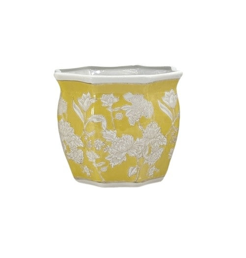 Yellow ceramic planter pot with white chinoiserie fluting and classic porcelain silhouette
