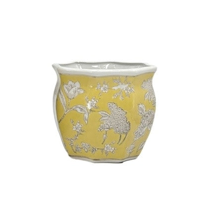 Yellow ceramic Chinoiserie planter pot with white fluted detailing