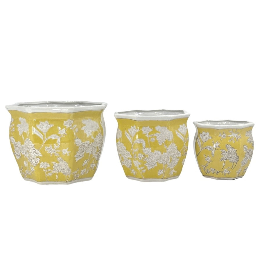 Handcrafted yellow ceramic planter pot with white fluted rim in Chinoiserie style