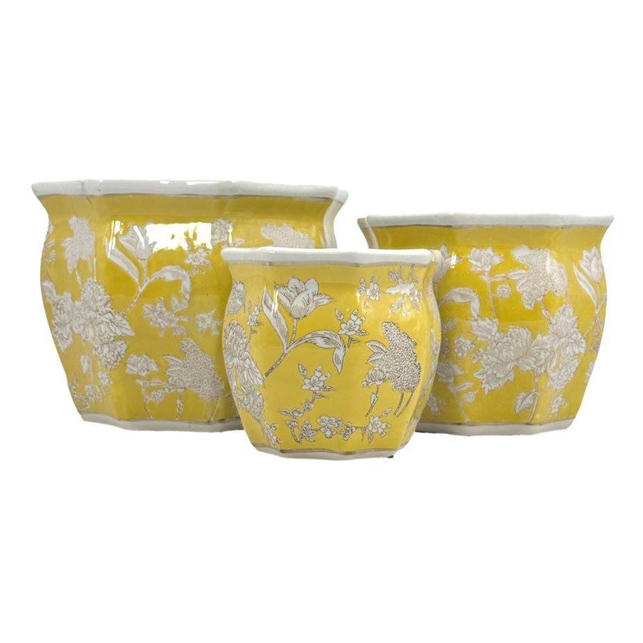 Yellow ceramic planter pot with white chinoiserie fluting and classic porcelain silhouette
