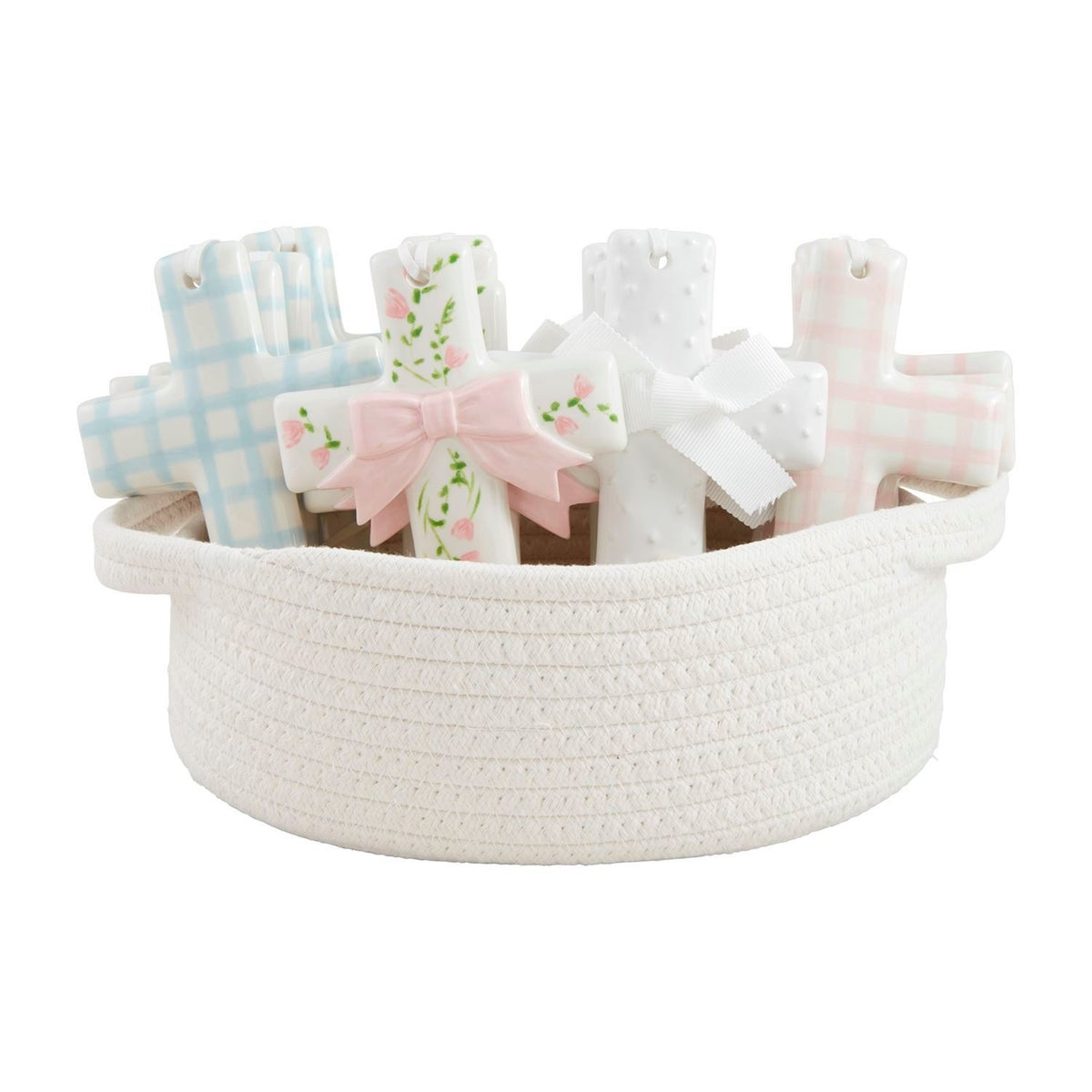Hand-painted white ceramic cross with a ribbon hanger at the top.