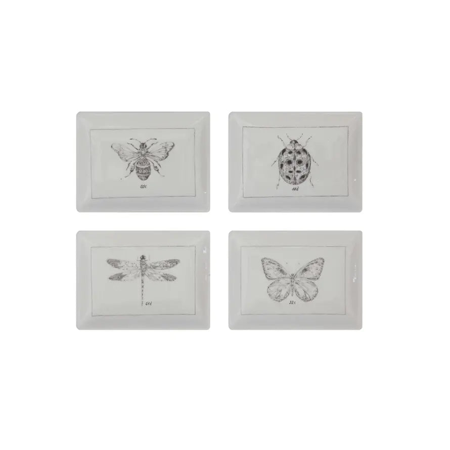 White ceramic dish with charcoal insect silhouette on surface